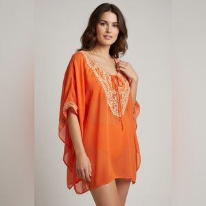 Lola B orange and cream swimsuit cover up. Silver studded in front. NWOT. Large.
